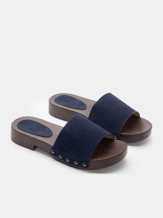 Flat Suede Mules In Navy Blue Colour
