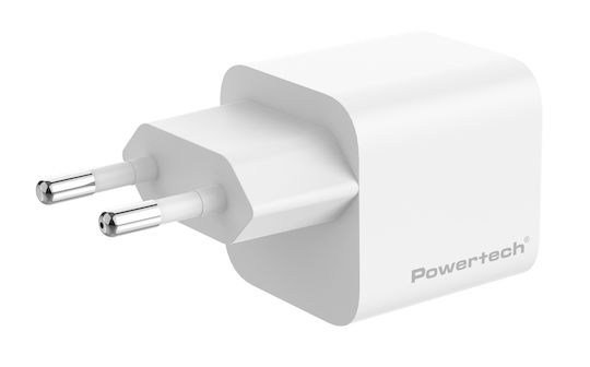 Powertech GaN Handyladegerät mit USB-C Ausgangsanschluss und Kabel USB-C - USB-C 65W Stromlieferung / Schnellladetechnologie 2.0 / Schnellladetechnologie 3.0 Weiß