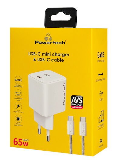 Powertech GaN Handyladegerät mit USB-C Ausgangsanschluss und Kabel USB-C - USB-C 65W Stromlieferung / Schnellladetechnologie 2.0 / Schnellladetechnologie 3.0 Weiß