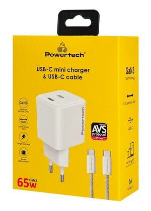 Powertech GaN Handyladegerät mit USB-C Ausgangsanschluss und Kabel USB-C - USB-C 65W Stromlieferung / Schnellladetechnologie 2.0 / Schnellladetechnologie 3.0 Weiß