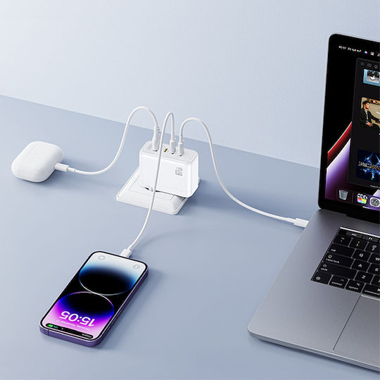 XO GaN Charger Without Cable with USB-A Port and 3 USB-C Ports 67W Quick Charge 3.0 White (CE39)