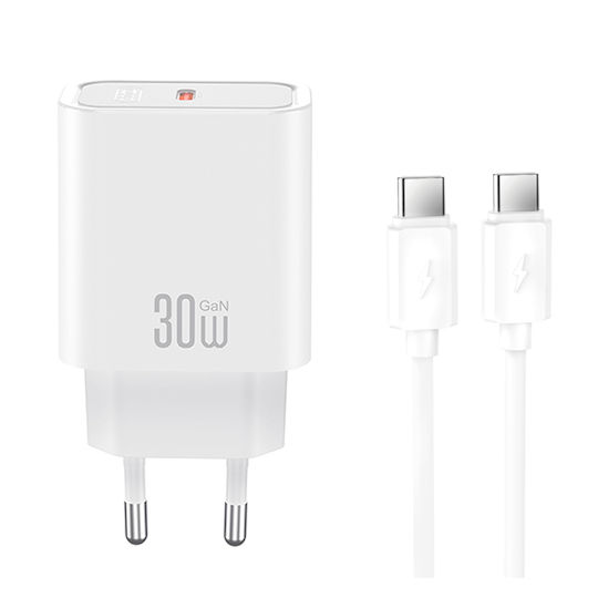 XO Зарядно Устройство GaN с USB-C Порт и Кабел USB-C - USB-C 30W Quick Charge 2.0 / Quick Charge 3.0 / Quick Charge 4.0 Бял (CE41)