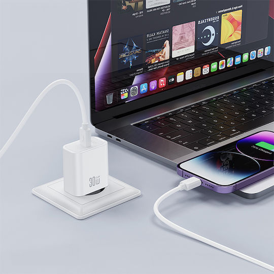 XO Зарядно Устройство GaN с USB-C Порт и Кабел USB-C - USB-C 30W Quick Charge 2.0 / Quick Charge 3.0 / Quick Charge 4.0 Бял (CE41)