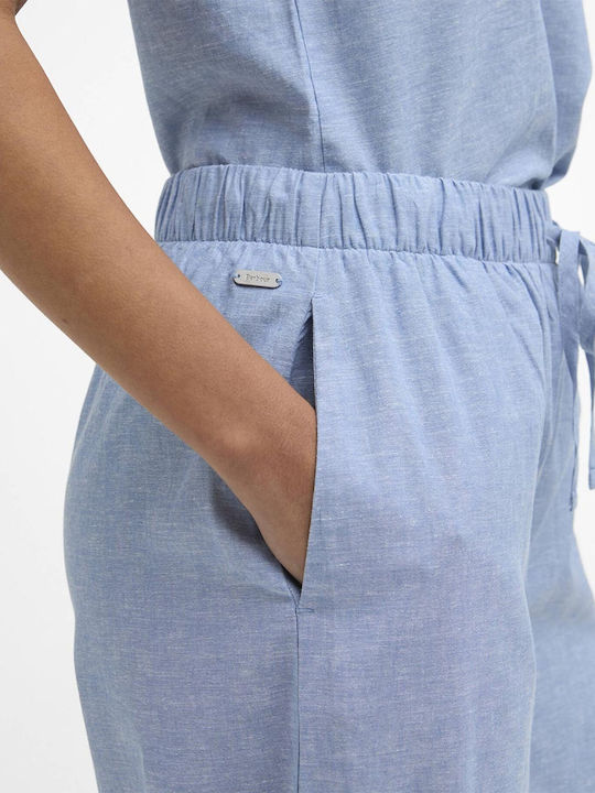 Women's Linen Capri Trousers with Rubber Band Light Blue