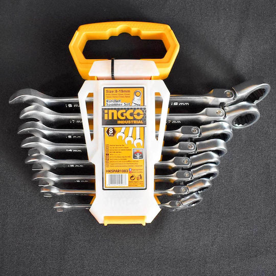 Ingco Set of Ratchet Polygon Wrenches with Sizes from 8mm to 19mm 8 Pieces