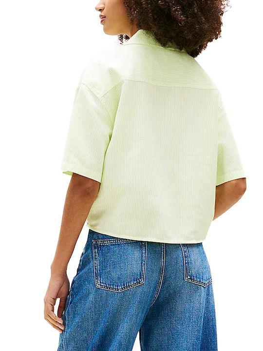 Tommy Hilfiger Short Sleeve Women's Linen Shirt White Striped Tommy Hilfiger Short Sleeve Women's Linen Shirt White Striped