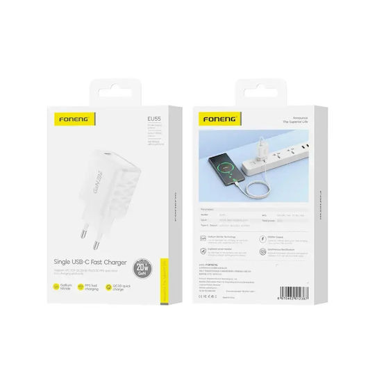 Foneng Φορτιστής Χωρίς Καλώδιο GaN με Θύρα USB-C 20W Power Delivery Λευκός (EU55)