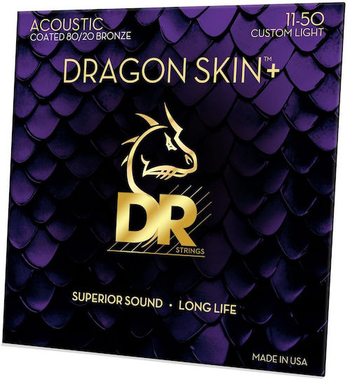 Струни за акустична китара Dr Strings Dragon Skin+ Da8-11 Coated 80/20 Bronze 011 050 Custom-light