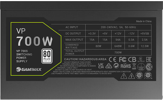 GameMax VP-700S 700W Black Power Supply Full Wired 80 Plus Standard