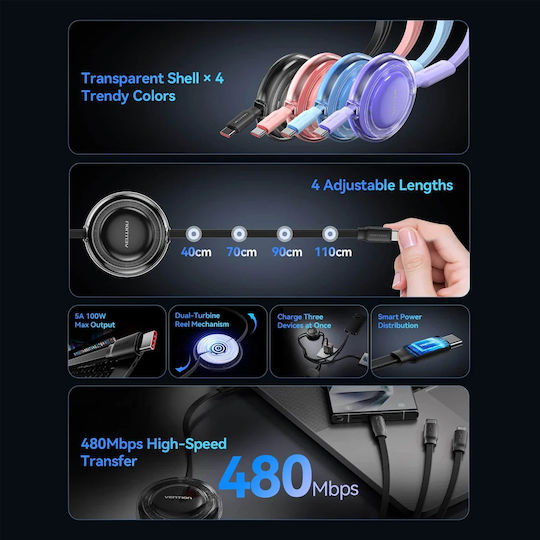 Vention Cablu Extensibil USB La Type-C / Lightning 5A Violet 1.1m TRKVBE