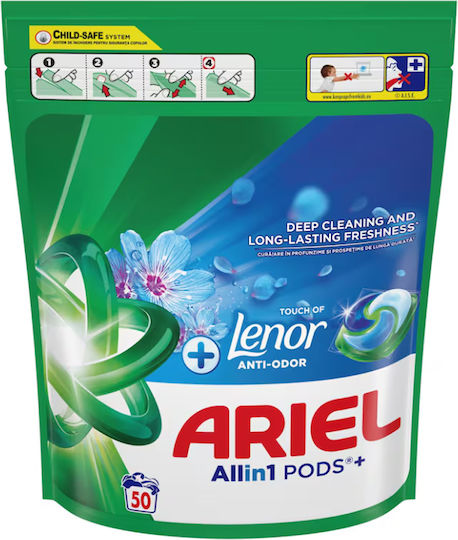 Ariel All In 1 Απορρυπαντικό Πλυντηρίου Ρούχων Κάψουλες Touch Lenor 50 Μεζ