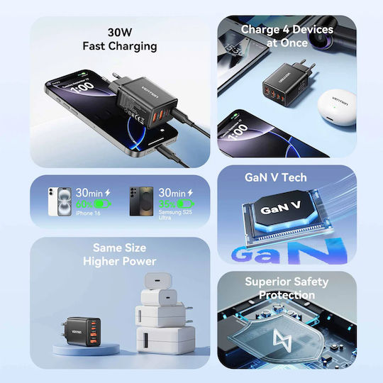 Vention Wireless GaN Charger With 2 USB-A Output Ports And 2 USB-C Output Ports 30W Power Delivery Black