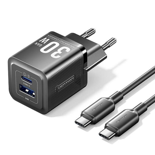 Vention GaN Charger With 2 USB-C Ports And USB-C - USB-C Cable 30W Power Delivery Gray
