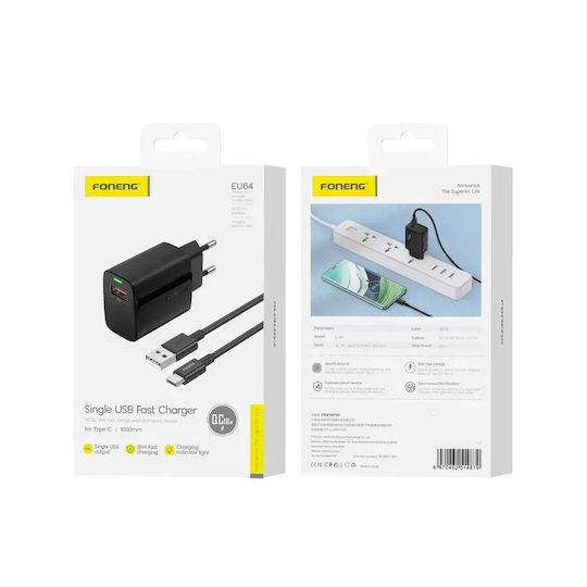 Foneng Φορτιστής με Θύρα USB-A και Καλώδιο USB-C 20W Quick Charge 2.0 Μαύρος (EU64)