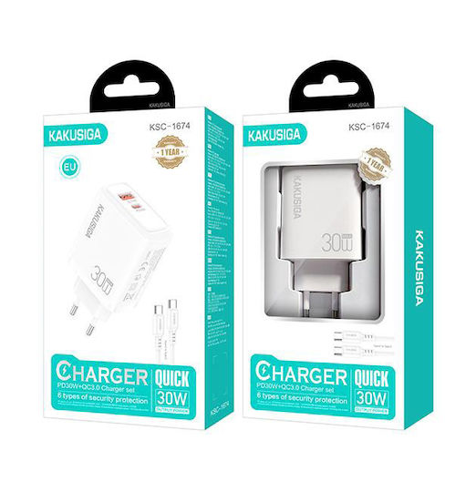 Kakusiga Φορτιστής με Θύρα USB-A και Θύρα USB-C και Καλώδιο USB-C - USB-C 30W Power Delivery / Quick Charge 3.0 Λευκός (KSC-1674)