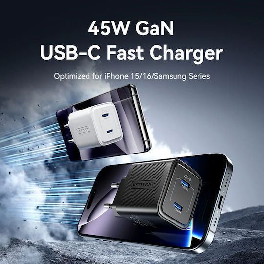 Vention Φορτιστής Χωρίς Καλώδιο GaN με 2 Θύρες USB-C 45W Power Delivery Λευκός (FEFW0-EU)