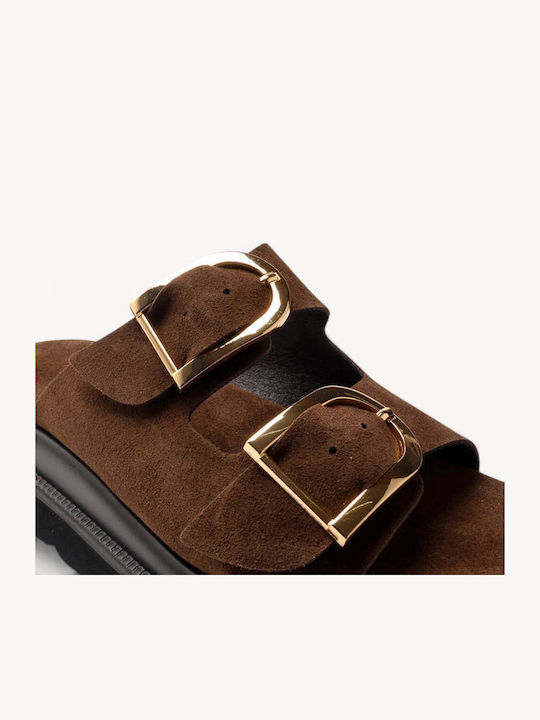 Sandale Casual Damă Maro De Piele Flatforme Slides Cu Două Curele