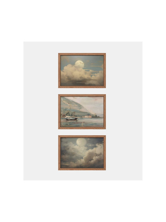Set Minimalist Posters Frames Unframed Printed On Photographic Paper Nature Motifs Moon Between Clouds Boat On Lake Living Room Bedroom Kitchen 3 X 21 X 30 Cm