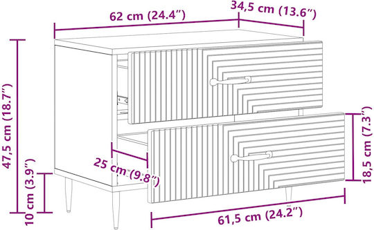 Wooden Bedside Table with Black Metal Legs 62x34.5x47.5cm