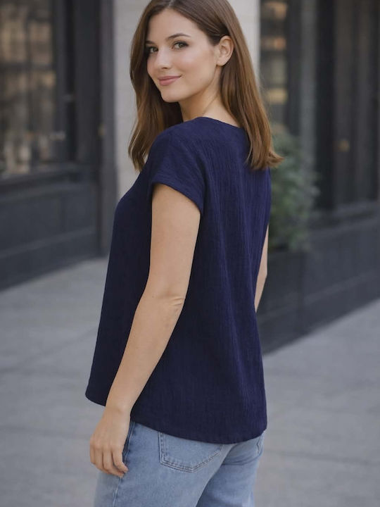 Women's Short Sleeve Blouse with V-Neckline Blue