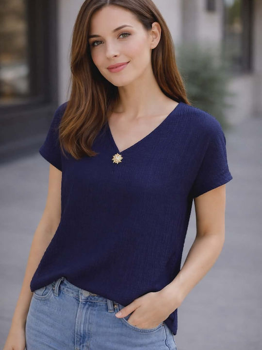 Women's Short Sleeve Blouse with V-Neckline Blue