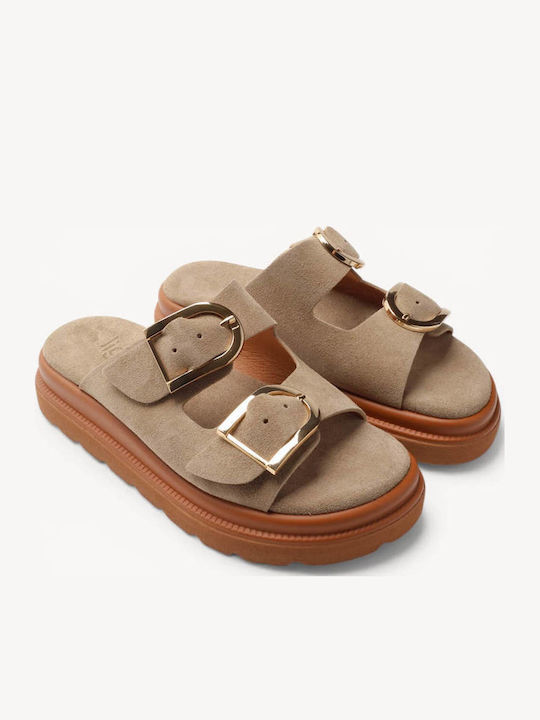 Μπεζ Δερμάτινα Flatform Slides Διπλά Λουράκια