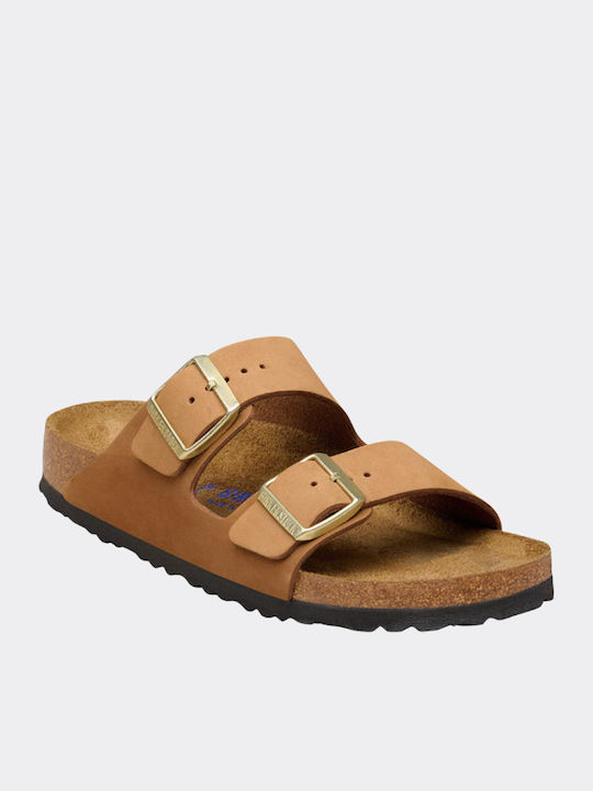 Soft Footbed Leather Women's Flat Sandals Tabac Brown Narrow Fit