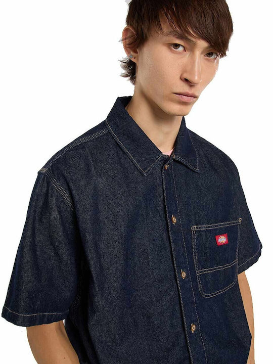 Kurzärmeliges Denim-Herrenhemd in Normale Passform Dunkelblau