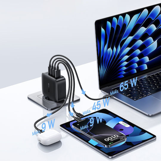 Baseus GaN Wireless Charger with USB-A Port and 3 USB-C Ports 140W Quick Charge 3.0 Black (EnerFill FH11)