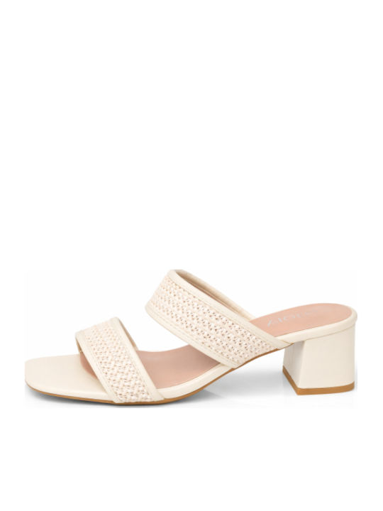Mules With Chunky Low Heel In Ecru Colour SJ-JX-07-26ML-ECRU