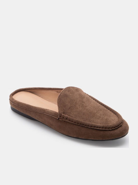 Flat Wildleder Damen Pantoletten in Braune Farbe