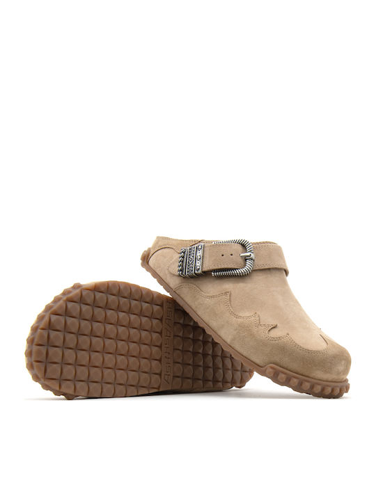 Texas 01 Combo A Suede Mules with High Heel in Beige Colour