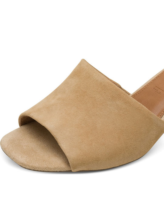 Leather Mules with Low Heel in Tabac Brown Colour