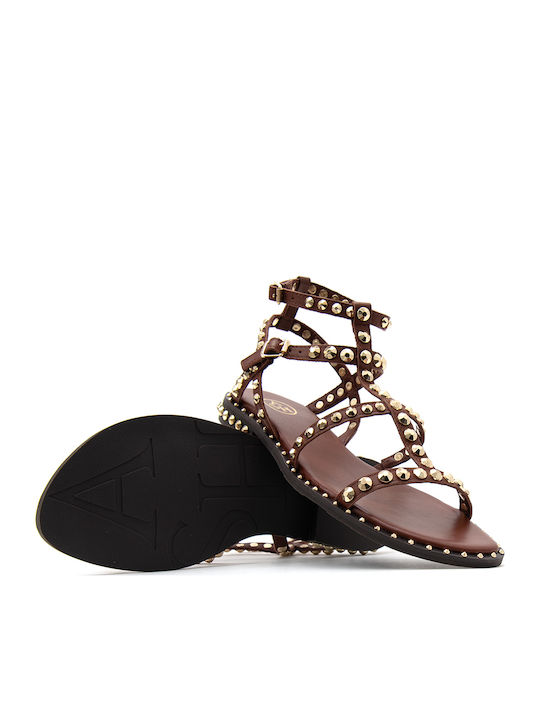 Precious 03 Leather Women's Flat Sandals Gladiator Brown