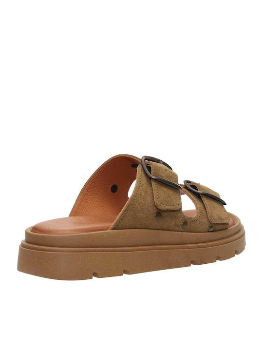 Δερμάτινα Γυναικεία Σανδάλια Flatforms Μπεζ
