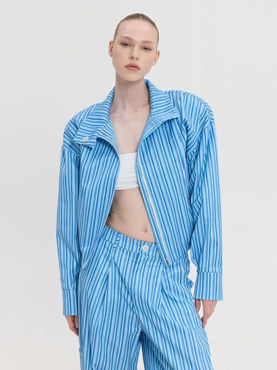 Jachetă Crop de Damă din Denim Albastru Deschis în Dungi