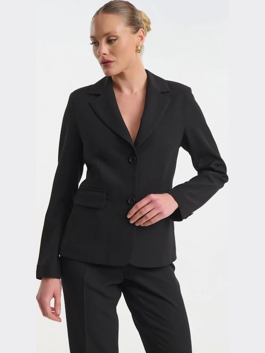 Fibes Damen Krepp Tailliertes Blazer Schwarz