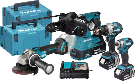 Makita DLX4195JX1 Σετ Γωνιακός Τροχός, Κρουστικό Δραπανοκατσάβιδο, Παλμικό Κατσαβίδι & Πιστολέτο 18V με 3 Μπαταρίες 5Ah και Θήκη