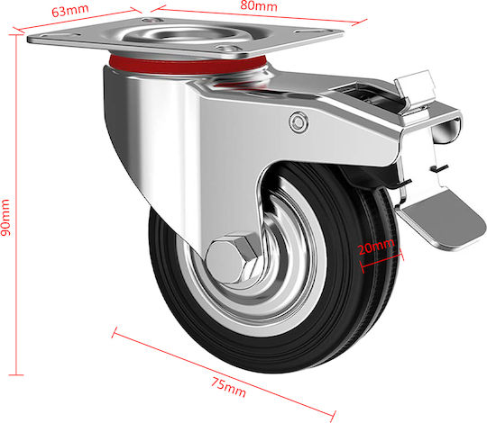 Bakaji 02839293 Drehende Räder aus Gummi mit Bremse 90x80mm