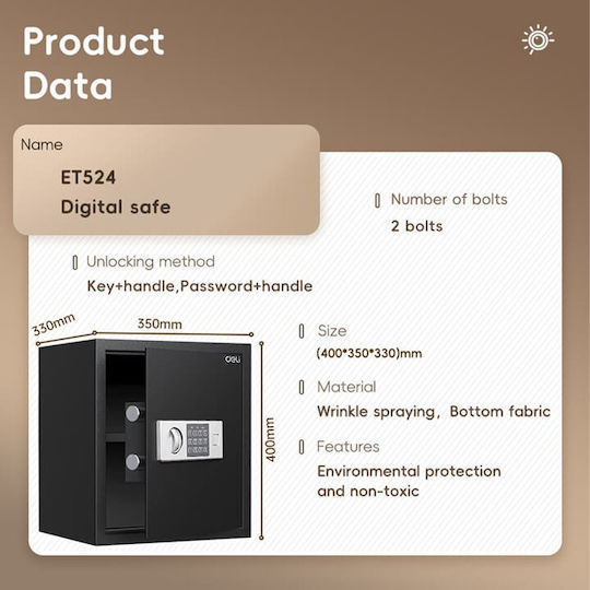 Deli Safe with Digital Lock and Key M40xW35xH33cm Weight 10.6kg