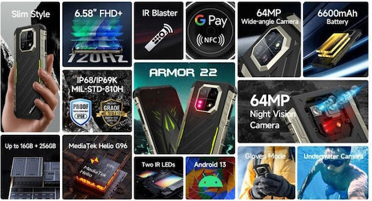 Ulefone Armor 22 Dual SIM (8/128GB) Ανθεκτικό Smartphone Μαύρο