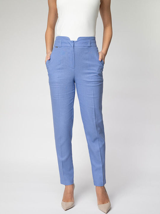 Renata Women's High Rise Linen Trousers in Relaxed Fit Blue