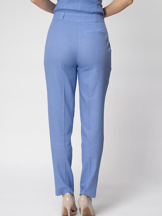 Renata Women's High Rise Linen Trousers in Relaxed Fit Blue