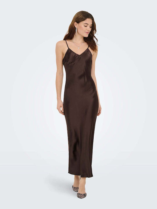 Summer Maxi Evening Slip Dress Satin Brown