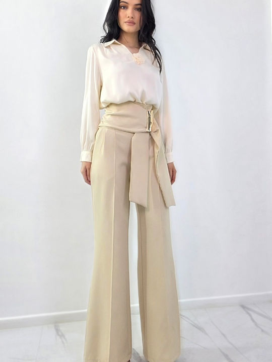 Pantaloni Dama Palazzo High Rise Fit Cu Dungi Bej
