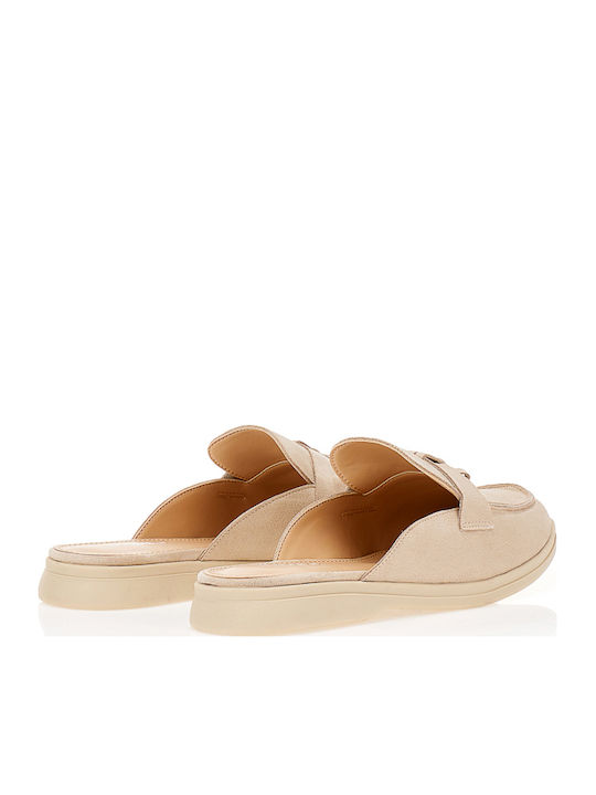 Flat Suede Mules In Beige Colour