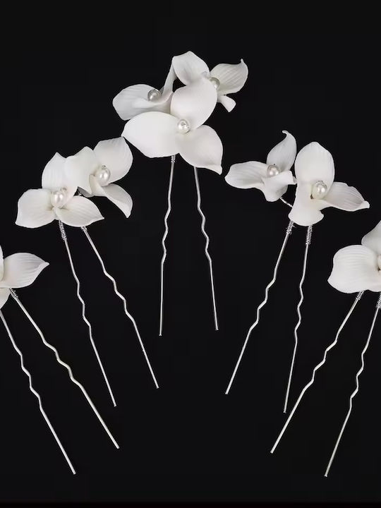“valeria” A Gorgeous Set 5 Floral Hair Pins Made Dainty Off-white Ceramic Flowers Ivory Pearls Set On Silver Pins