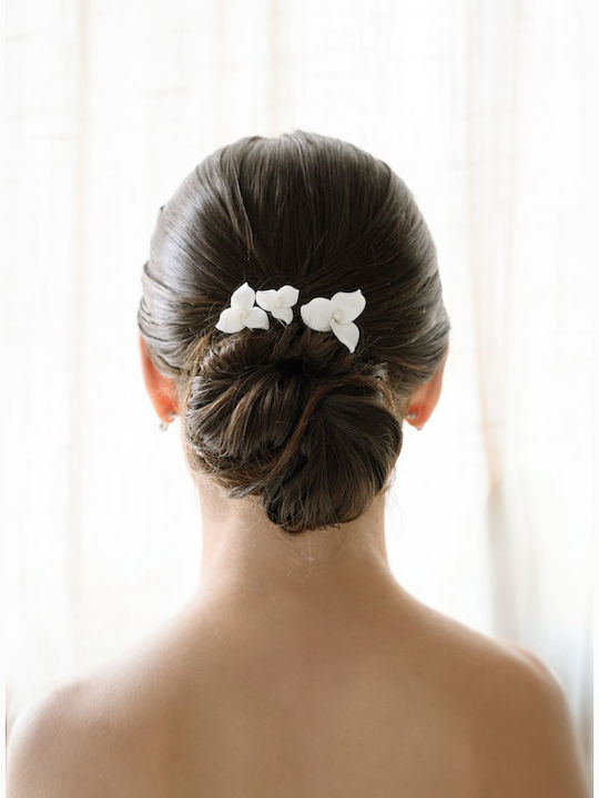 “valeria” A Gorgeous Set 5 Floral Hair Pins Made Dainty Off-white Ceramic Flowers Ivory Pearls Set On Silver Pins
