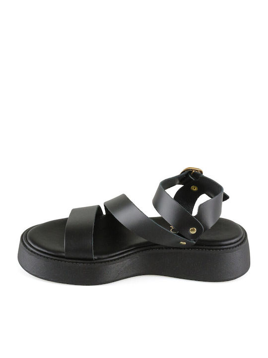 Leather Women's Flat Sandals Flatforms Black
