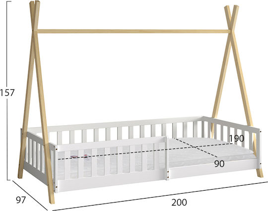 Munk Детско Легло Монтесори Класическо Единично с Матрак Бяло 90x190cm